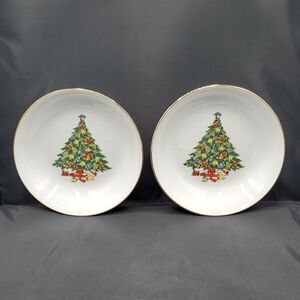 Jamestown China Christmas Tree Soup Cereal Bowl with Gold Trim 7 5" Set of 2